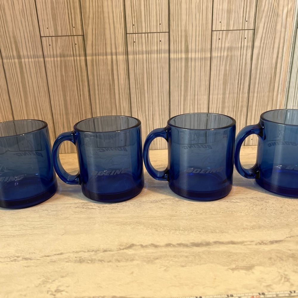Boeing Blue Coffee Mug Clear Glass Etched Logo 3.75" Tall. Set of 4
